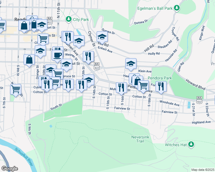 map of restaurants, bars, coffee shops, grocery stores, and more near 418 South 15th Street in Reading