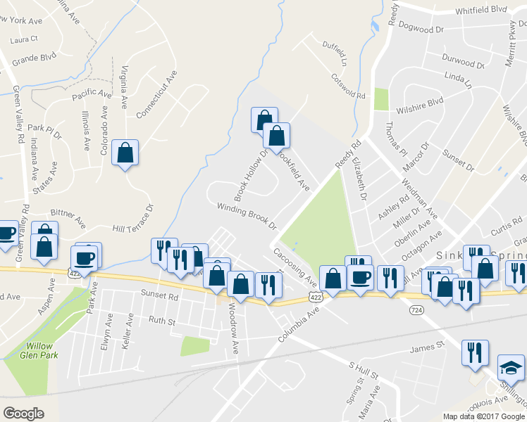 map of restaurants, bars, coffee shops, grocery stores, and more near 5 Winding Brook Drive in Sinking Spring