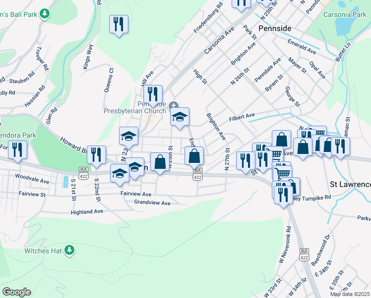 map of restaurants, bars, coffee shops, grocery stores, and more near 2532 Glen Terrace in Mount Penn