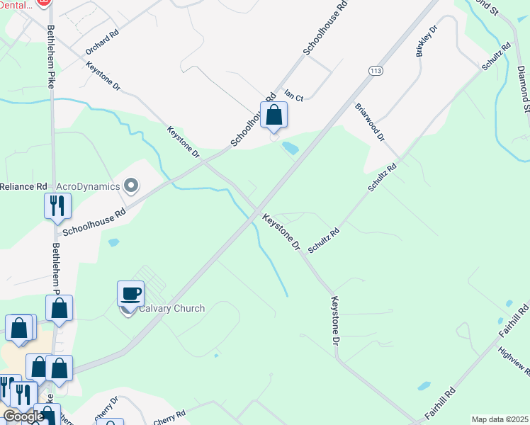 map of restaurants, bars, coffee shops, grocery stores, and more near 901 Pennsylvania 113 in Sellersville