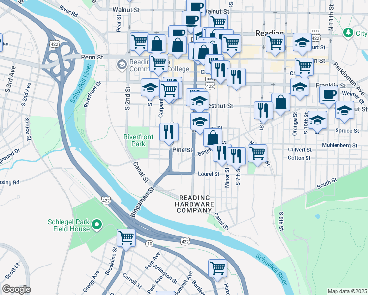map of restaurants, bars, coffee shops, grocery stores, and more near 438 Pine Street in Reading