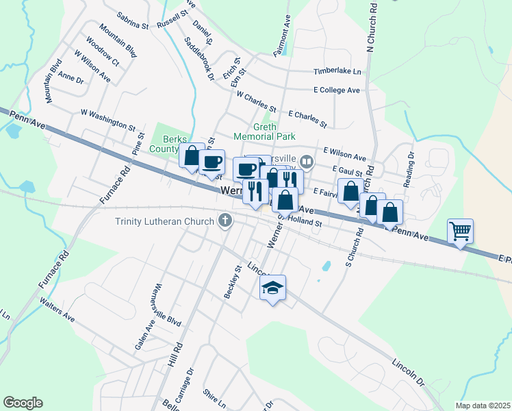 map of restaurants, bars, coffee shops, grocery stores, and more near 10 West Penn Avenue in Wernersville
