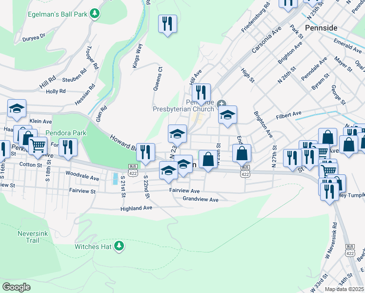 map of restaurants, bars, coffee shops, grocery stores, and more near 2317 Cumberland Avenue in Mount Penn