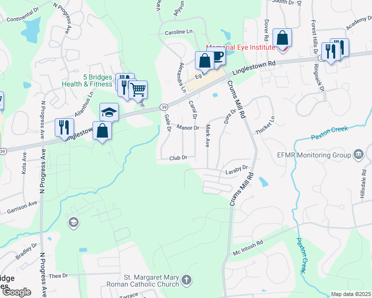 map of restaurants, bars, coffee shops, grocery stores, and more near 3820 Club Drive in Harrisburg
