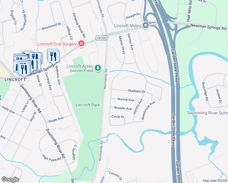 map of restaurants, bars, coffee shops, grocery stores, and more near 154 Manor Parkway in Lincroft