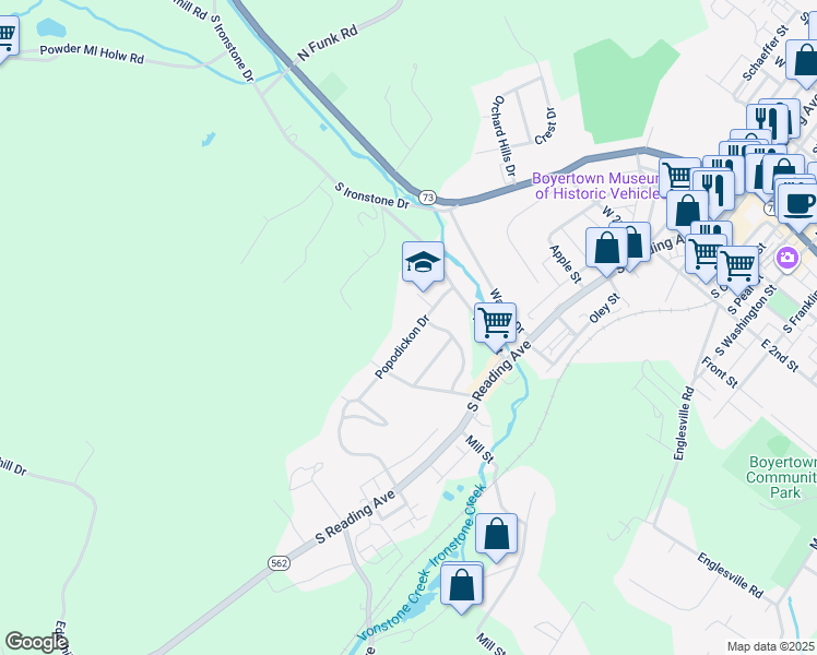 map of restaurants, bars, coffee shops, grocery stores, and more near 63 Popodickon Drive in Boyertown