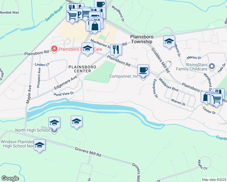 map of restaurants, bars, coffee shops, grocery stores, and more near 4004 Fox Run Drive in Plainsboro Center