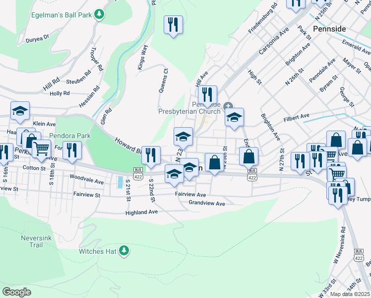 map of restaurants, bars, coffee shops, grocery stores, and more near 2306 Cumberland Avenue in Mount Penn