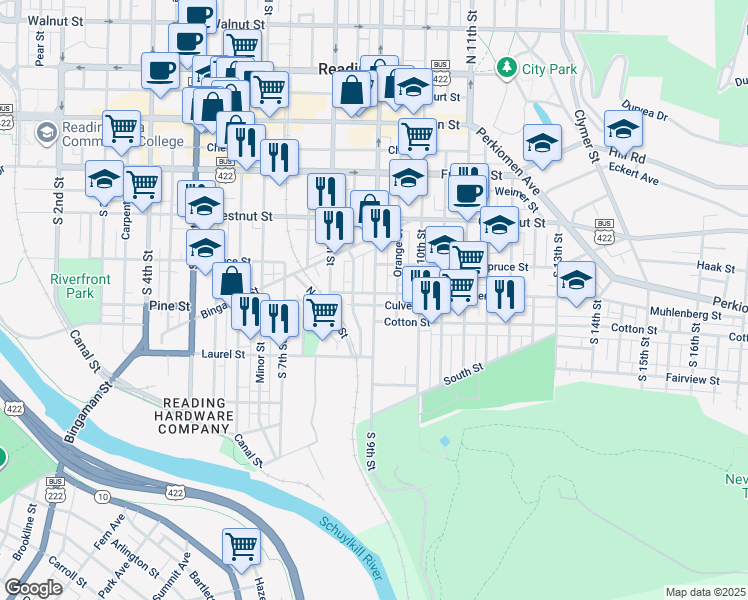 map of restaurants, bars, coffee shops, grocery stores, and more near 431 Spring Garden Street in Reading