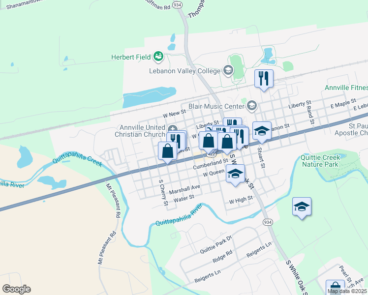 map of restaurants, bars, coffee shops, grocery stores, and more near 219 West Main Street in Annville