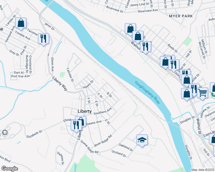 map of restaurants, bars, coffee shops, grocery stores, and more near 2714 A Street in McKeesport