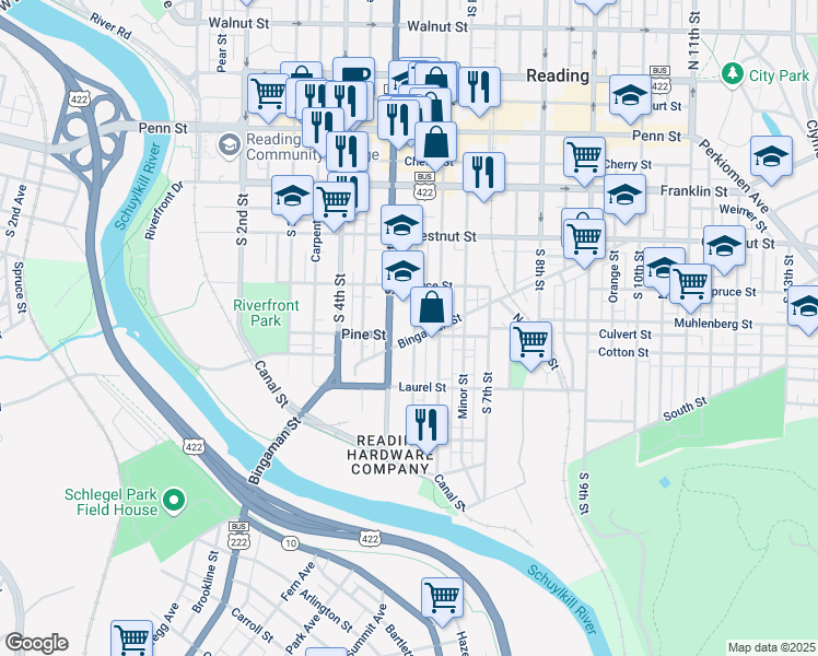 map of restaurants, bars, coffee shops, grocery stores, and more near 524 Bingaman Street in Reading