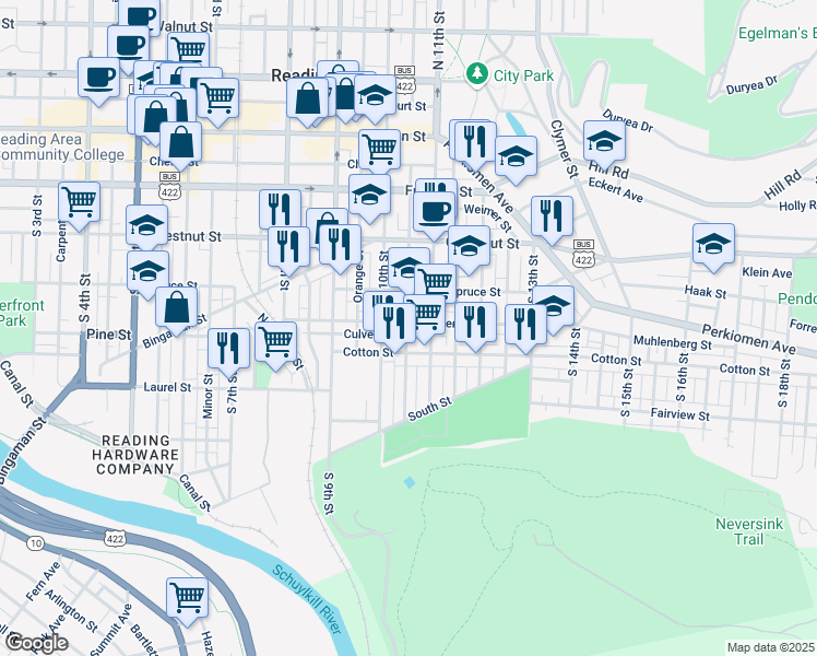 map of restaurants, bars, coffee shops, grocery stores, and more near 421 South 10th Street in Reading