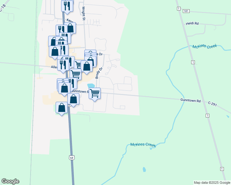 map of restaurants, bars, coffee shops, grocery stores, and more near 500 Gunntown Road in Bellefontaine