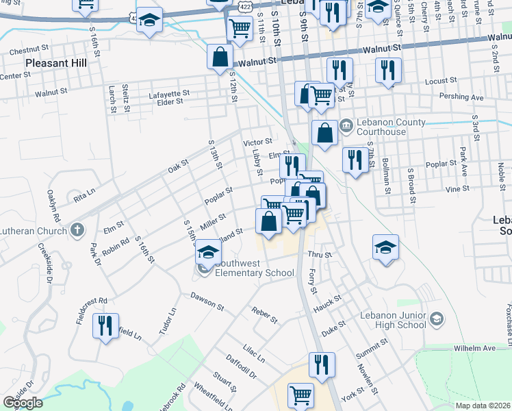 map of restaurants, bars, coffee shops, grocery stores, and more near 709 South 12th Street in Lebanon