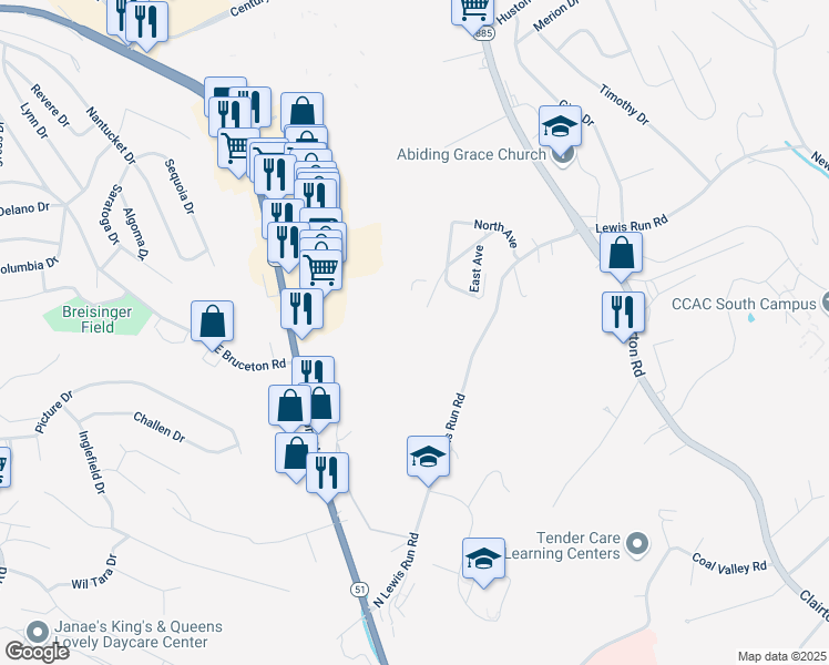 map of restaurants, bars, coffee shops, grocery stores, and more near 500 North Lewis Run Road in West Mifflin