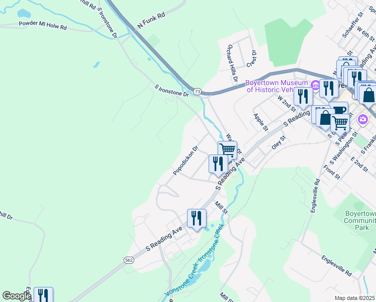 map of restaurants, bars, coffee shops, grocery stores, and more near 63 Popodickon Drive in Boyertown