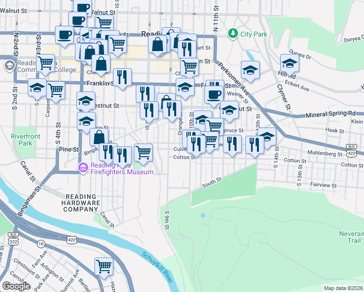 map of restaurants, bars, coffee shops, grocery stores, and more near 422 Orange Street in Reading