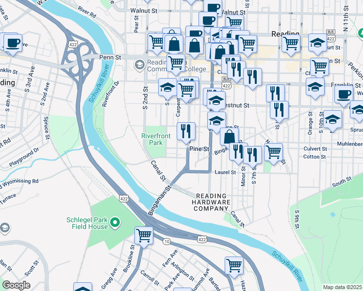 map of restaurants, bars, coffee shops, grocery stores, and more near 337 Pine Street in Reading