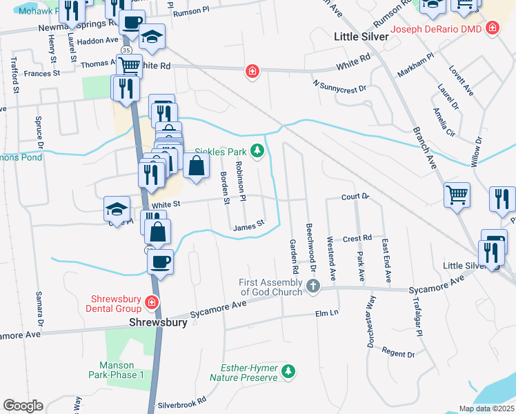 map of restaurants, bars, coffee shops, grocery stores, and more near 15 Sickles Place in Shrewsbury