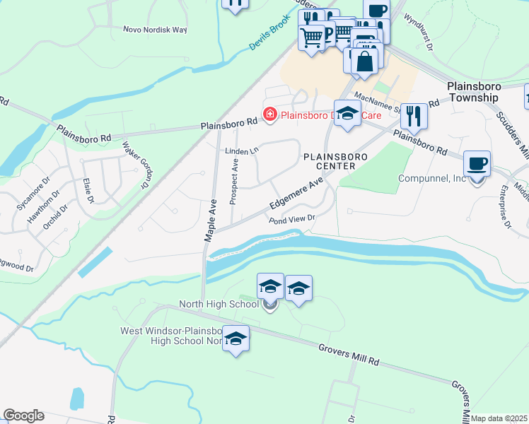 map of restaurants, bars, coffee shops, grocery stores, and more near 1 Pond View Dr in Plainsboro Township