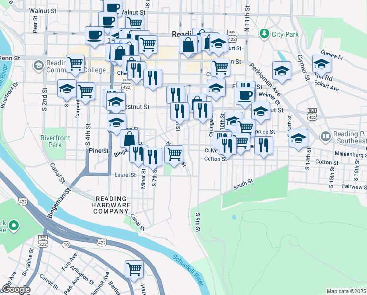 map of restaurants, bars, coffee shops, grocery stores, and more near 818 Muhlenberg Street in Reading