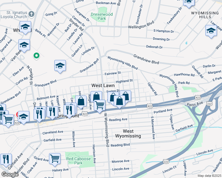 map of restaurants, bars, coffee shops, grocery stores, and more near 2222 Spring Street in West Lawn
