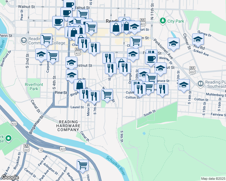 map of restaurants, bars, coffee shops, grocery stores, and more near 818 Muhlenberg Street in Reading