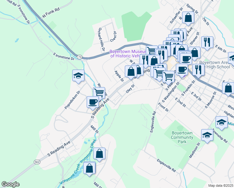 map of restaurants, bars, coffee shops, grocery stores, and more near 378 South Reading Avenue in Boyertown
