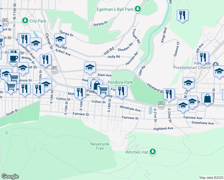 map of restaurants, bars, coffee shops, grocery stores, and more near 333 South 18th Street in Reading