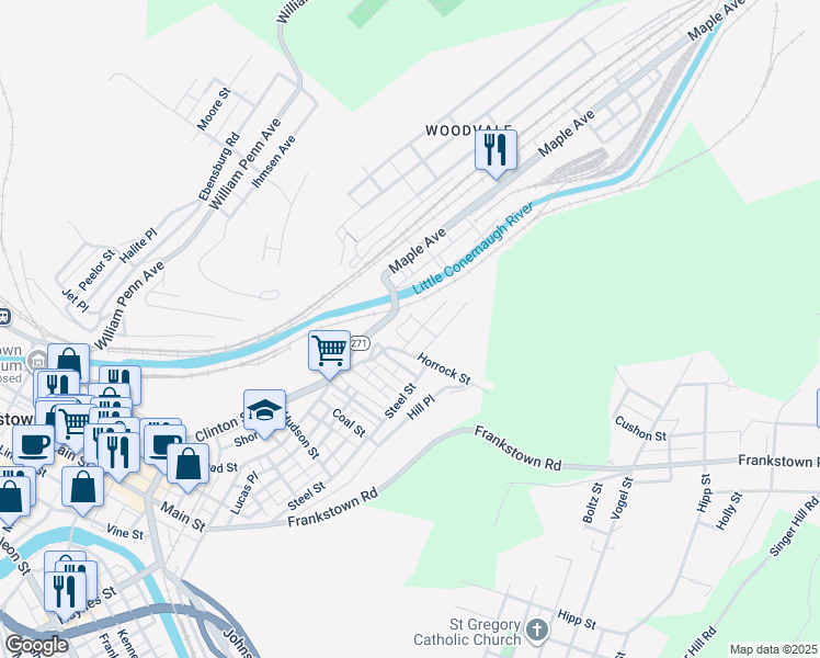 map of restaurants, bars, coffee shops, grocery stores, and more near 1105 Church Avenue in Johnstown