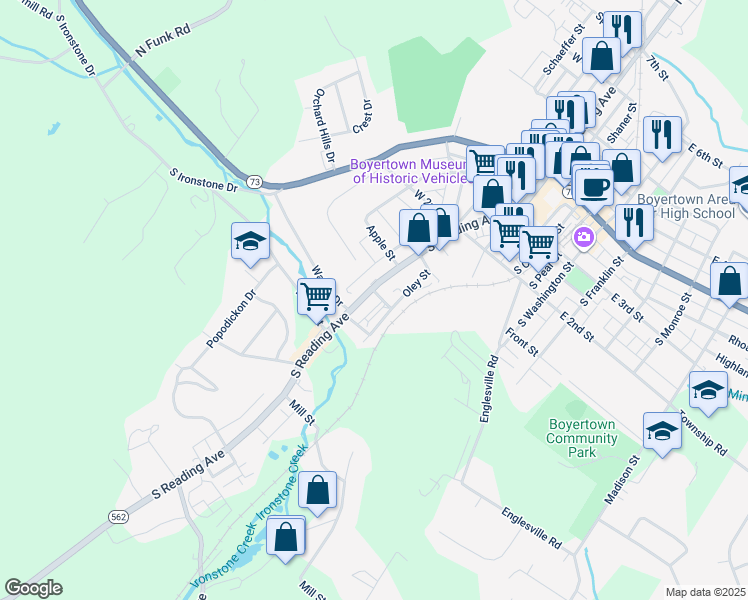map of restaurants, bars, coffee shops, grocery stores, and more near 378 South Reading Avenue in Boyertown