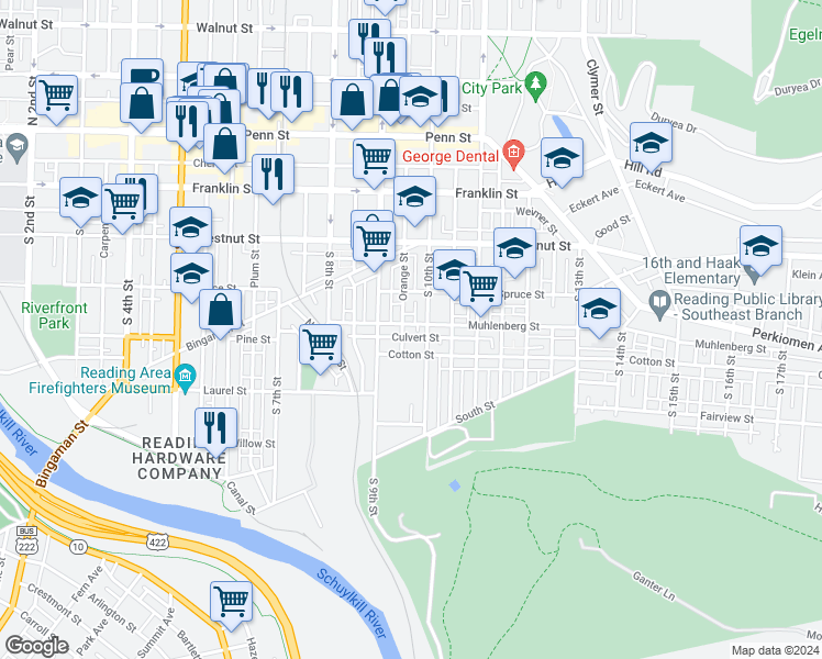 map of restaurants, bars, coffee shops, grocery stores, and more near 946 Muhlenberg Street in Reading