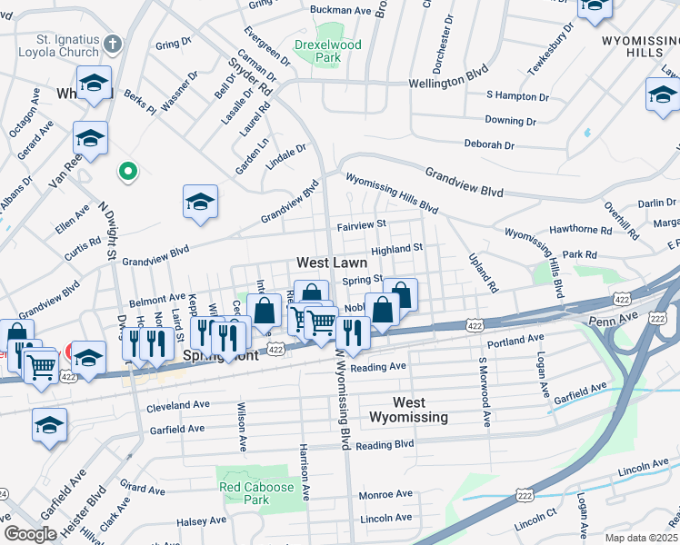 map of restaurants, bars, coffee shops, grocery stores, and more near 2300 Spring Street in West Lawn