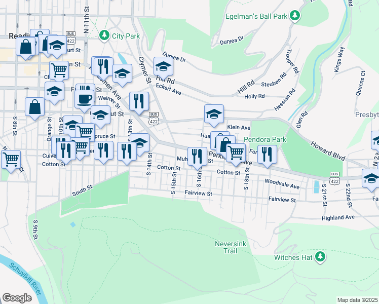 map of restaurants, bars, coffee shops, grocery stores, and more near 1536 Perkiomen Avenue in Reading