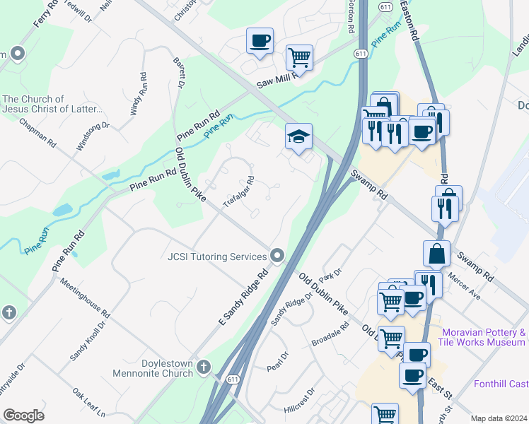 map of restaurants, bars, coffee shops, grocery stores, and more near 199 Victoria Court in Doylestown