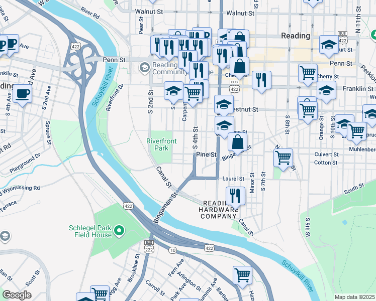 map of restaurants, bars, coffee shops, grocery stores, and more near 337 Pine Street in Reading