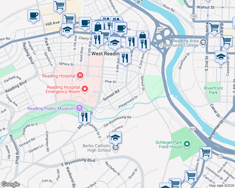 map of restaurants, bars, coffee shops, grocery stores, and more near 422 Sycamore Road in West Reading