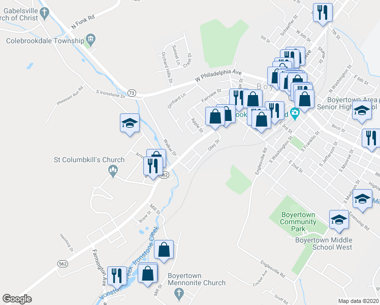map of restaurants, bars, coffee shops, grocery stores, and more near 382 South Reading Avenue in Boyertown