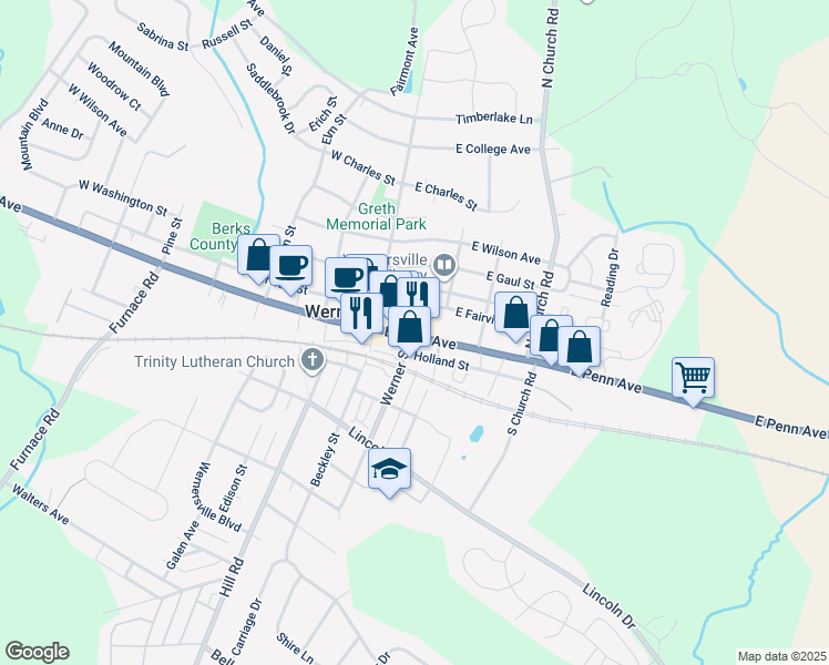 map of restaurants, bars, coffee shops, grocery stores, and more near 59 East Penn Avenue in Wernersville
