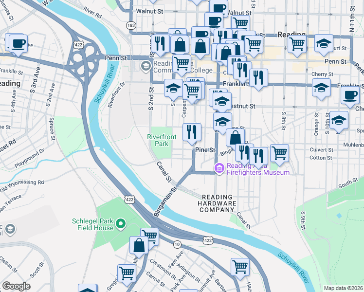 map of restaurants, bars, coffee shops, grocery stores, and more near 323 Pine Street in Reading