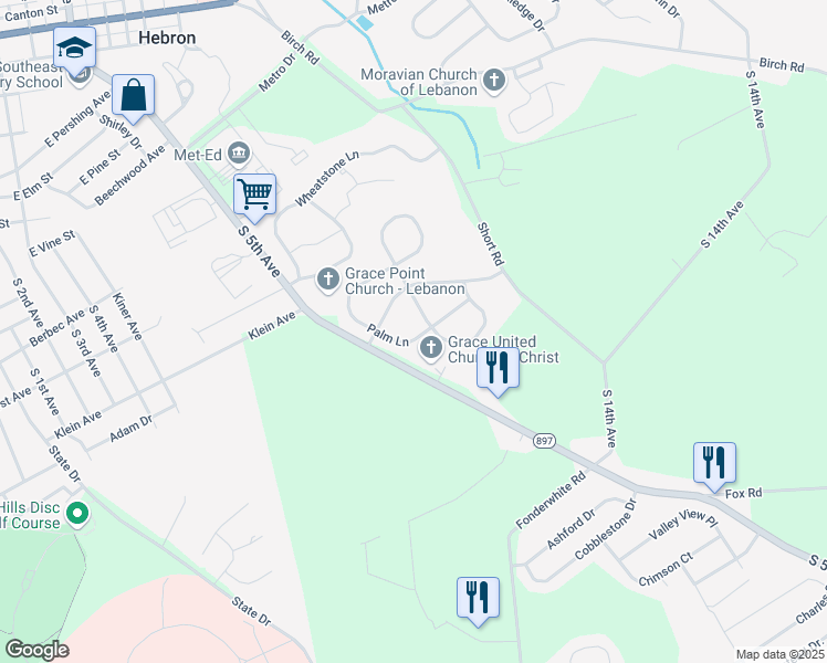 map of restaurants, bars, coffee shops, grocery stores, and more near 25 Palm Lane in Lebanon