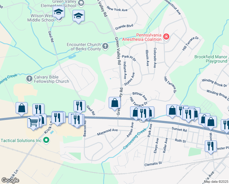 map of restaurants, bars, coffee shops, grocery stores, and more near 70 Green Valley Road in Sinking Spring