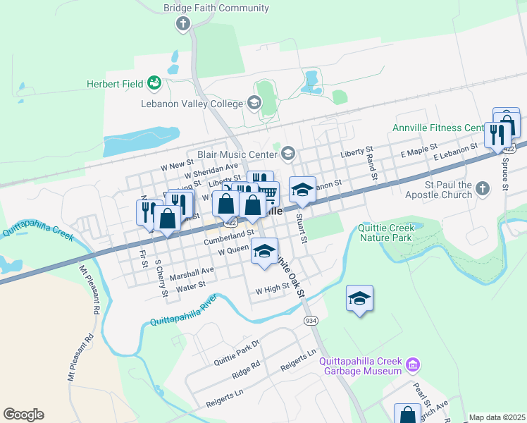 map of restaurants, bars, coffee shops, grocery stores, and more near 11 East Main Street in Annville
