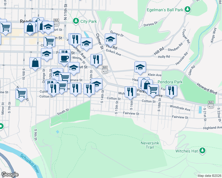 map of restaurants, bars, coffee shops, grocery stores, and more near 1448 Muhlenberg Street in Reading
