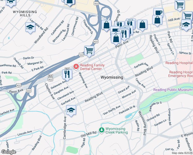 map of restaurants, bars, coffee shops, grocery stores, and more near 1337 Cleveland Avenue in Wyomissing