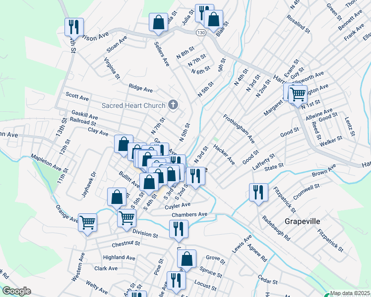 map of restaurants, bars, coffee shops, grocery stores, and more near 104 North Carolina Way in Jeannette