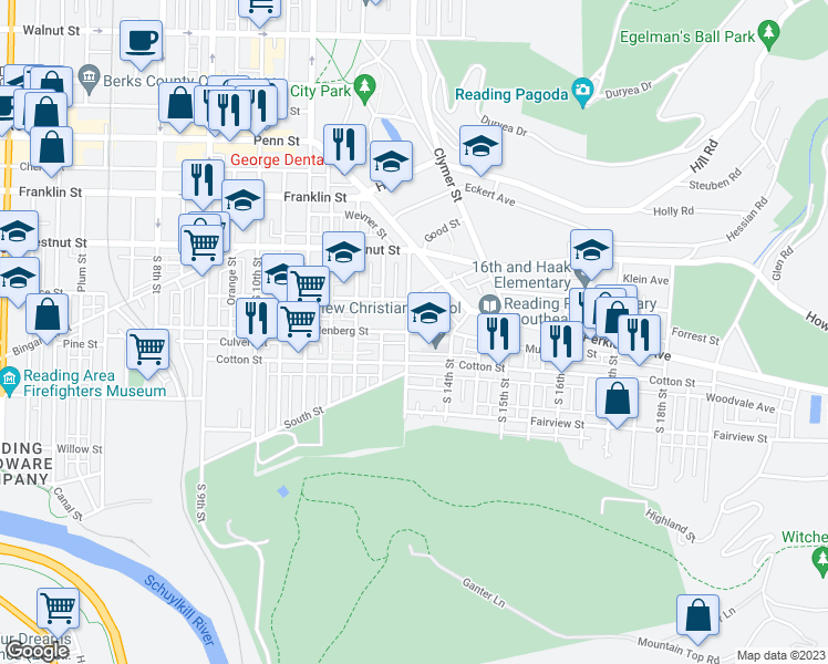 map of restaurants, bars, coffee shops, grocery stores, and more near 1301 Muhlenberg Street in Reading
