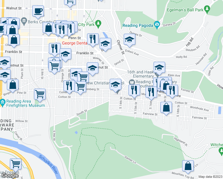 map of restaurants, bars, coffee shops, grocery stores, and more near 421 South 13th Street in Reading