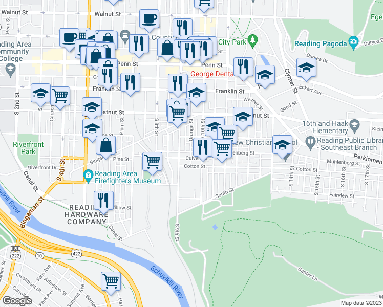 map of restaurants, bars, coffee shops, grocery stores, and more near 938 Muhlenberg Street in Reading